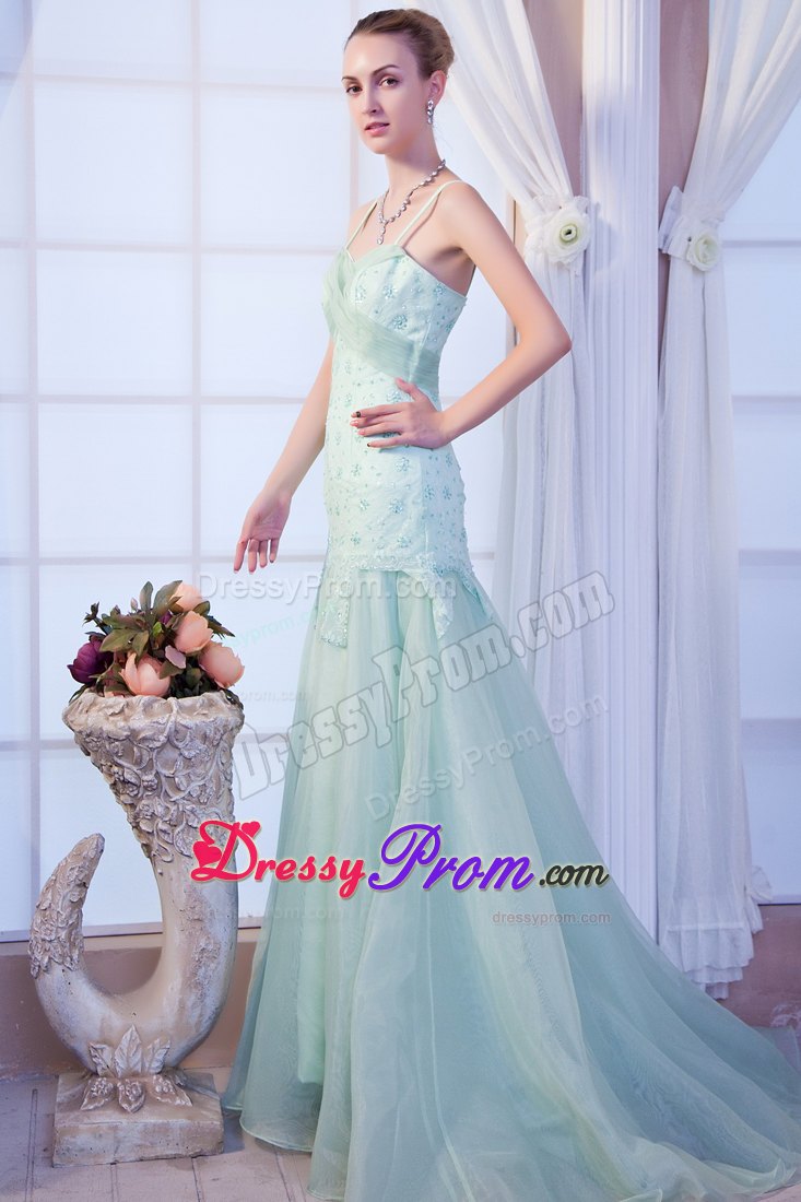 Beading Apple Green Prom Theme Dress with Spaghetti Straps 2014