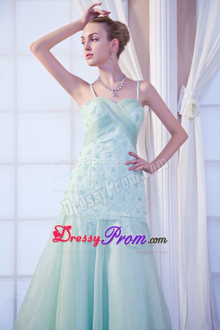 Beading Apple Green Prom Theme Dress with Spaghetti Straps 2014