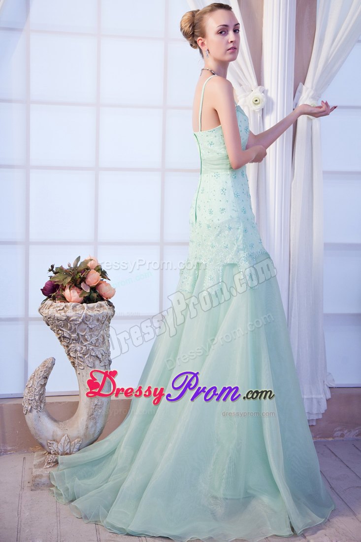 Beading Apple Green Prom Theme Dress with Spaghetti Straps 2014
