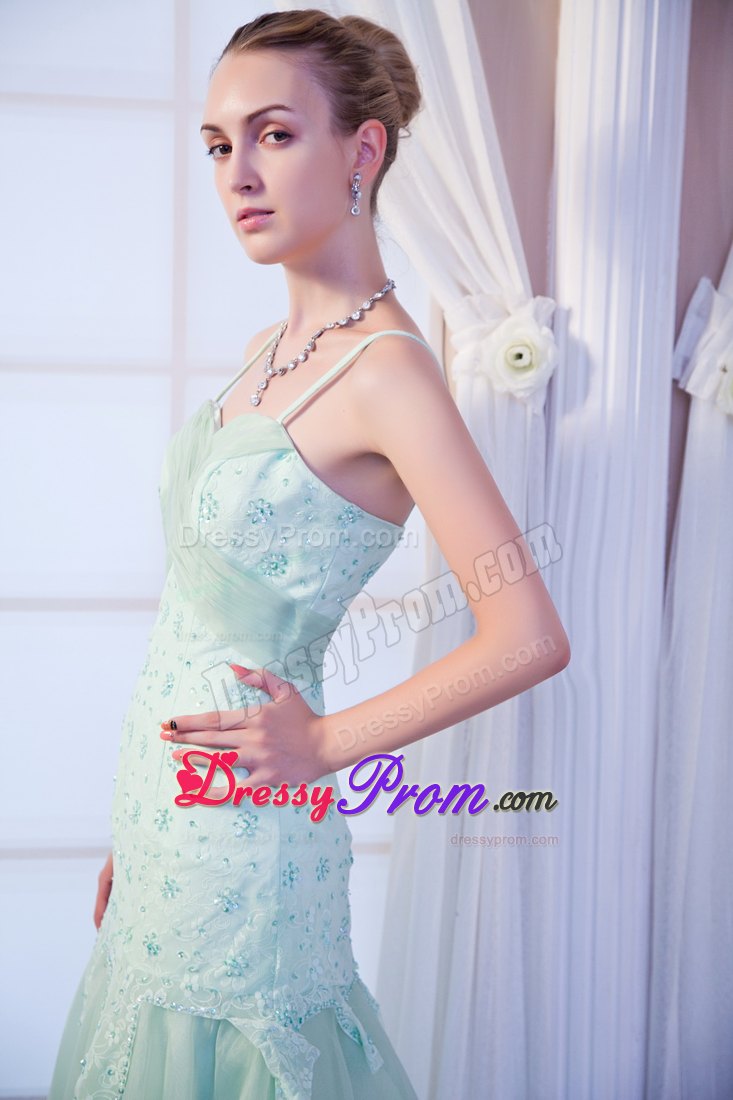 Beading Apple Green Prom Theme Dress with Spaghetti Straps 2014