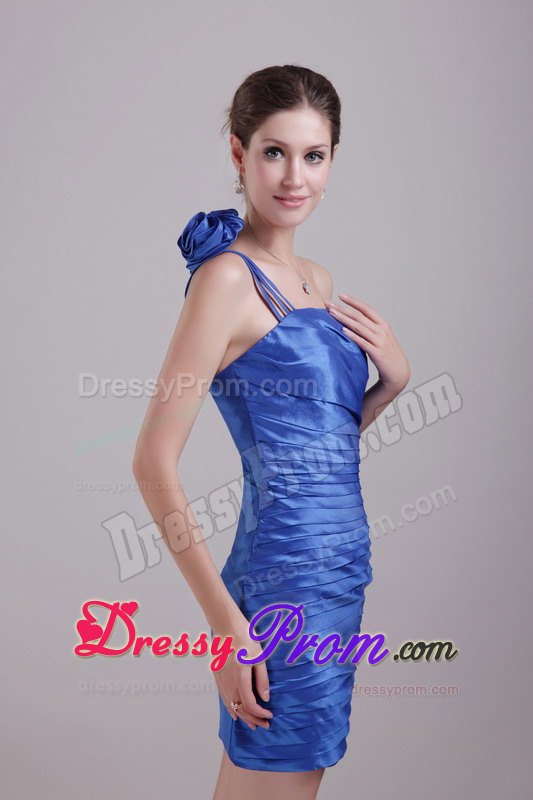 Blue Column One Shoulder Prom Cocktail Dress with Flower and Ruches
