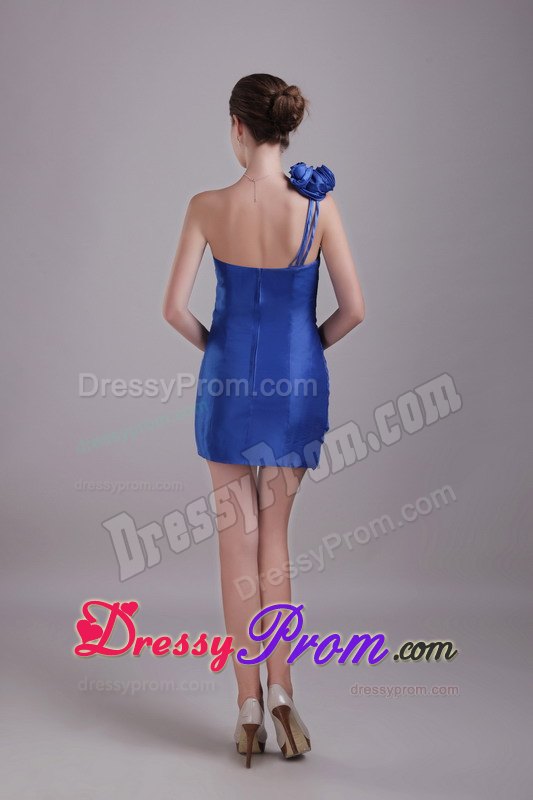 Blue Column One Shoulder Prom Cocktail Dress with Flower and Ruches
