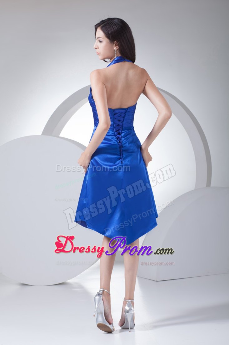 V-neck Halter Top Prom Dress with Knee-length in Blue Color