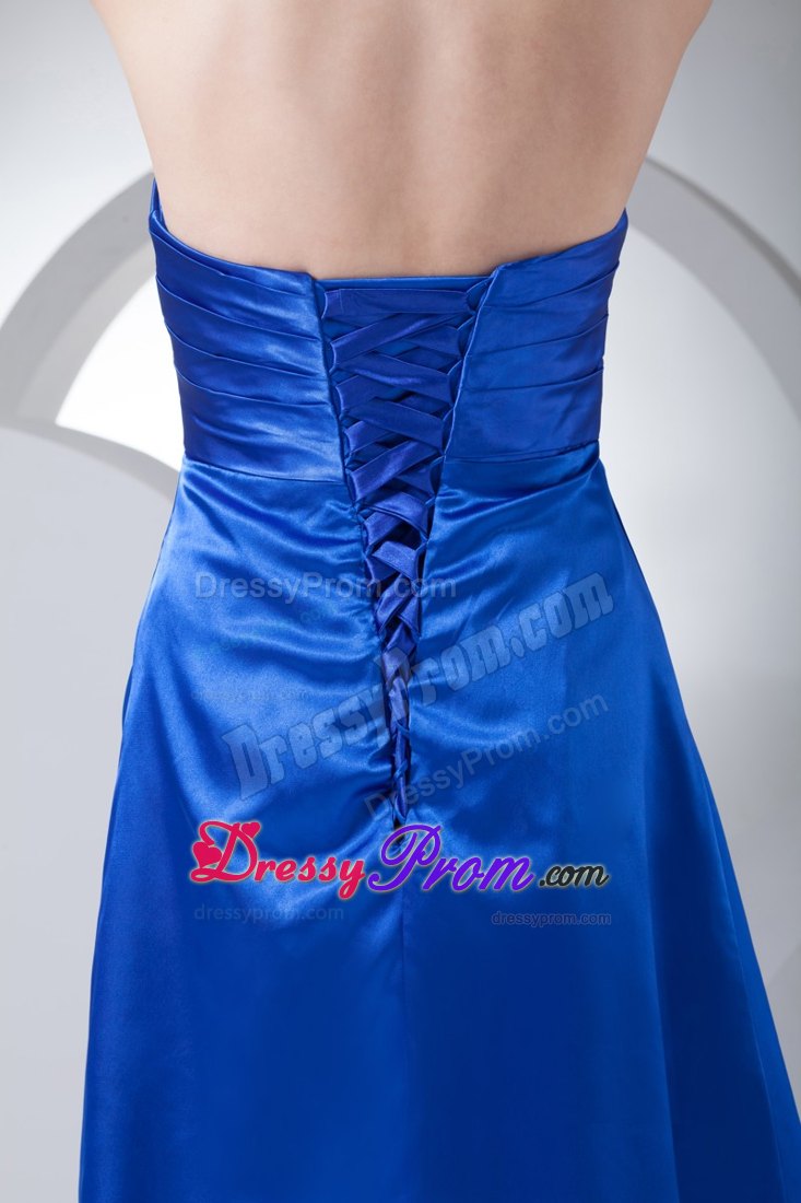 V-neck Halter Top Prom Dress with Knee-length in Blue Color
