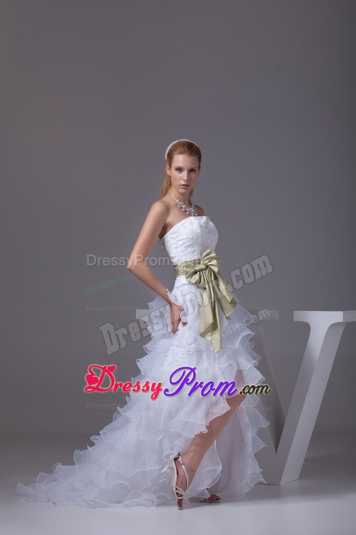 White High-low Prom Dress with Green Sash and Embroidery