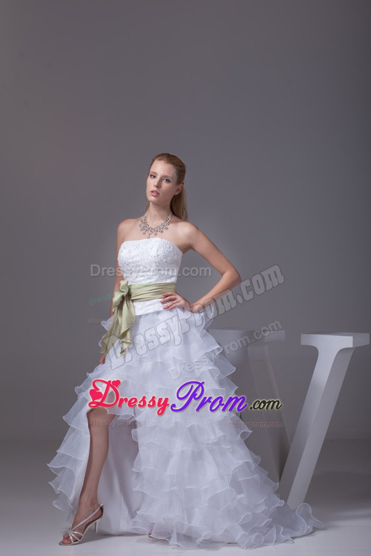 White High-low Prom Dress with Green Sash and Embroidery