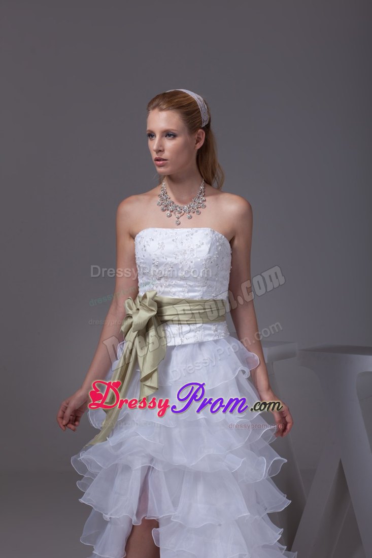 White High-low Prom Dress with Green Sash and Embroidery