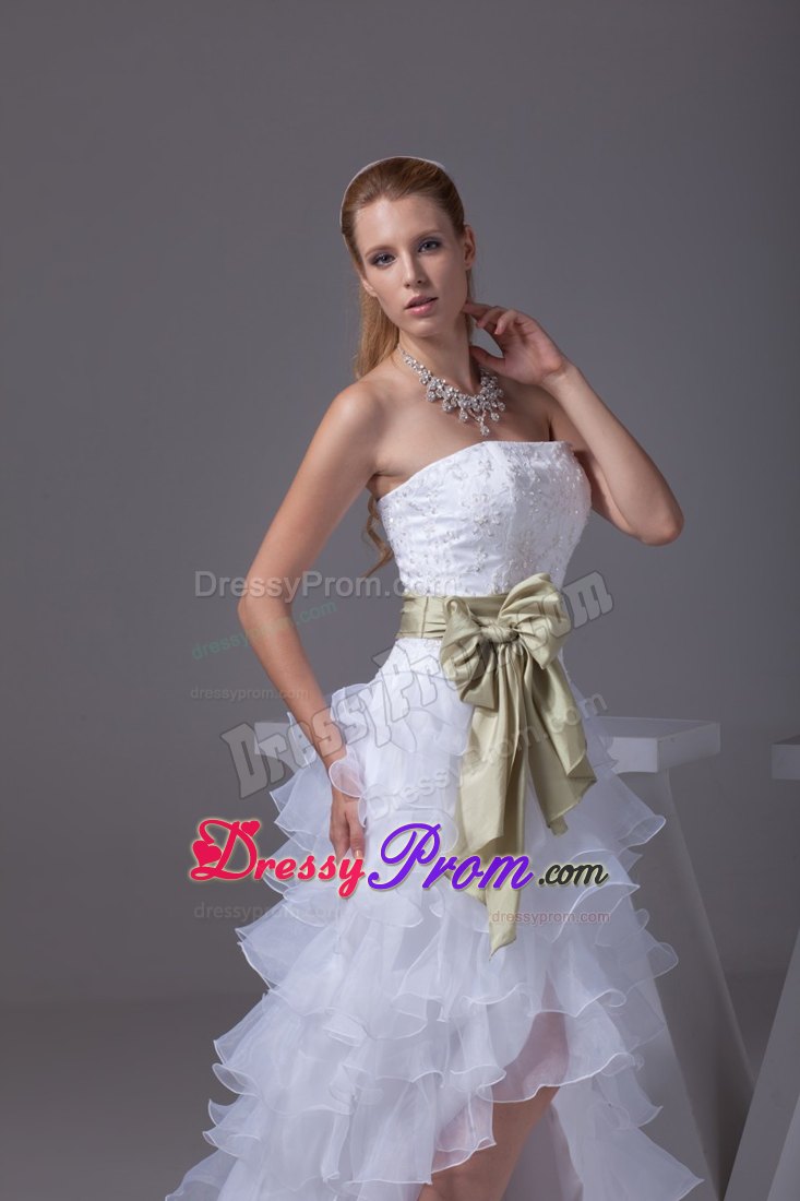 White High-low Prom Dress with Green Sash and Embroidery