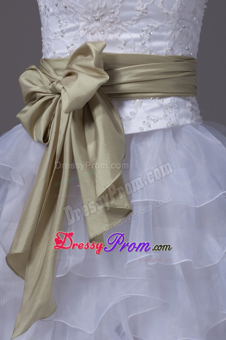 White High-low Prom Dress with Green Sash and Embroidery