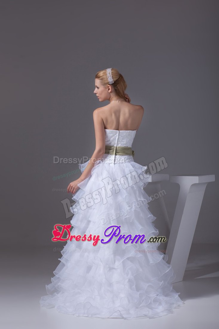 White High-low Prom Dress with Green Sash and Embroidery