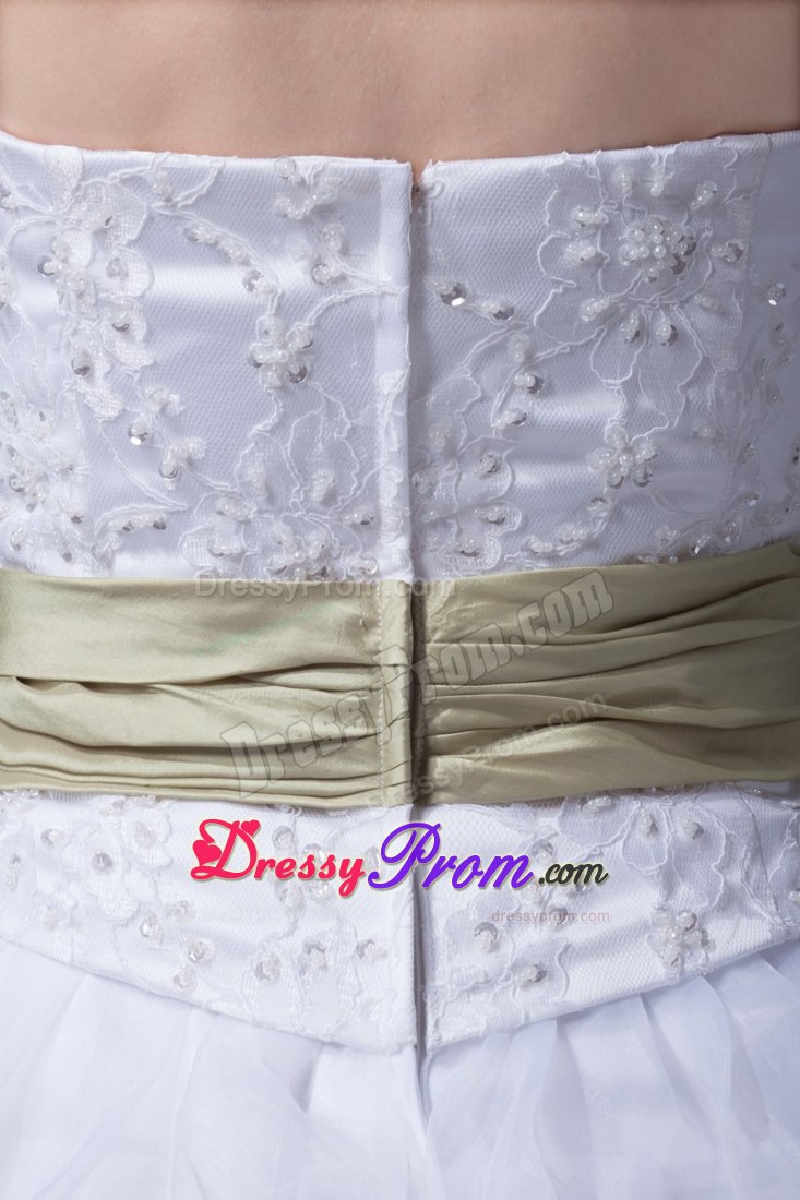 White High-low Prom Dress with Green Sash and Embroidery