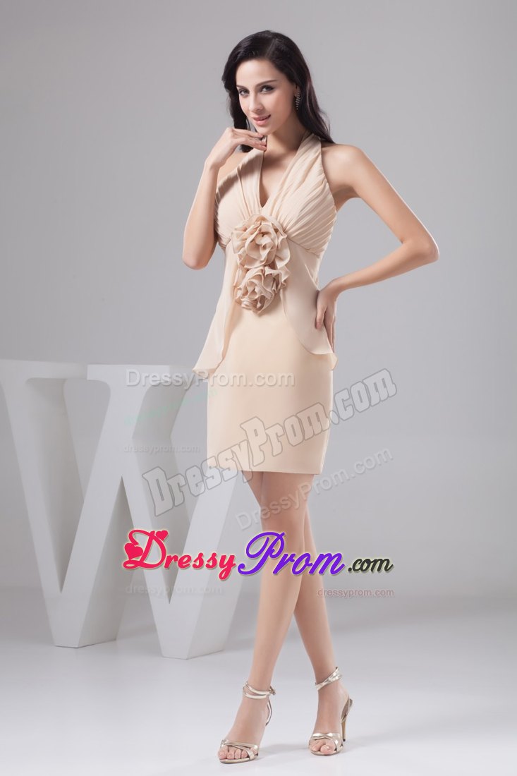 Champagne Halter Column Prom Cocktail Dress with Flowers and Ruches