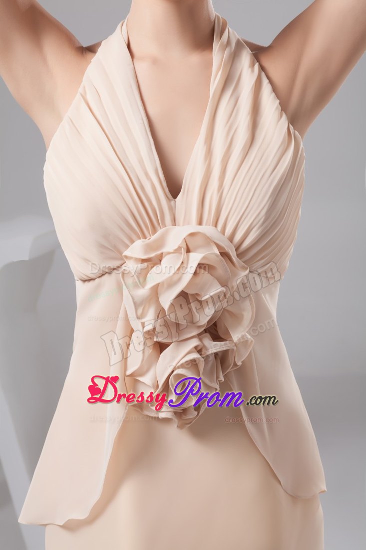 Champagne Halter Column Prom Cocktail Dress with Flowers and Ruches