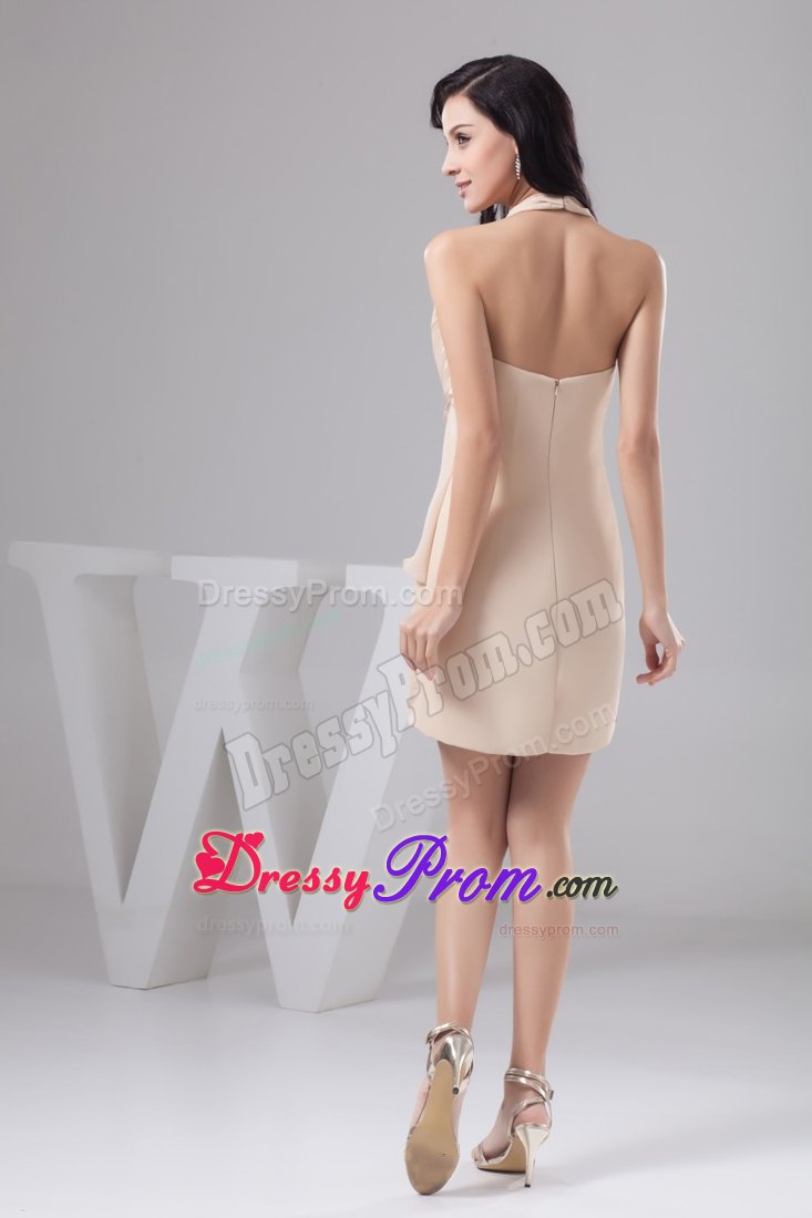 Champagne Halter Column Prom Cocktail Dress with Flowers and Ruches