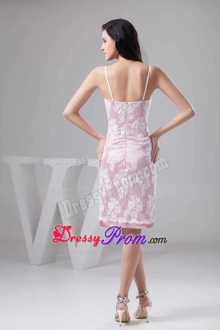 Lace Accent Rose Pink Prom Cocktail Dress with Spaghetti Straps