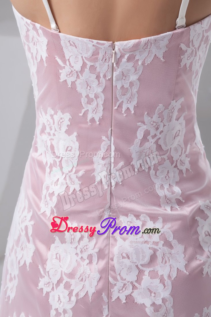 Lace Accent Rose Pink Prom Cocktail Dress with Spaghetti Straps