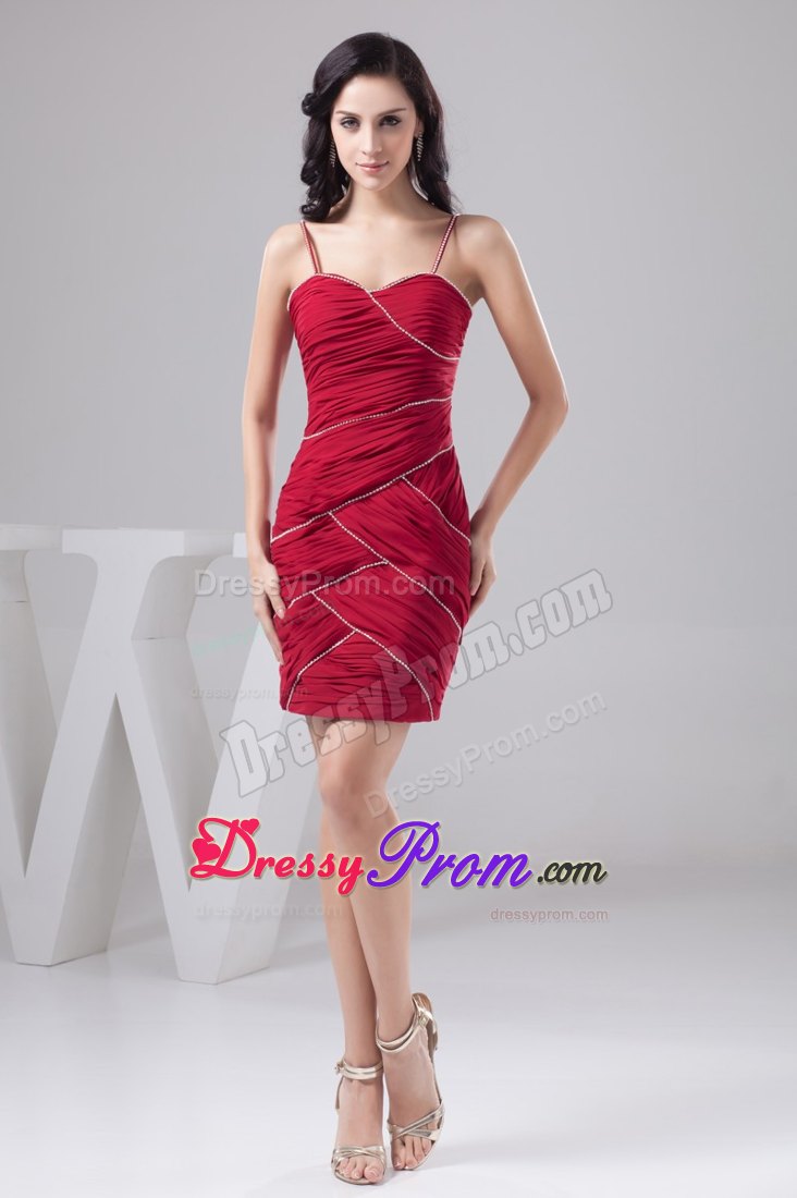 Spaghetti Straps Beaded and Ruched Prom Cocktail Dress in Wine Red