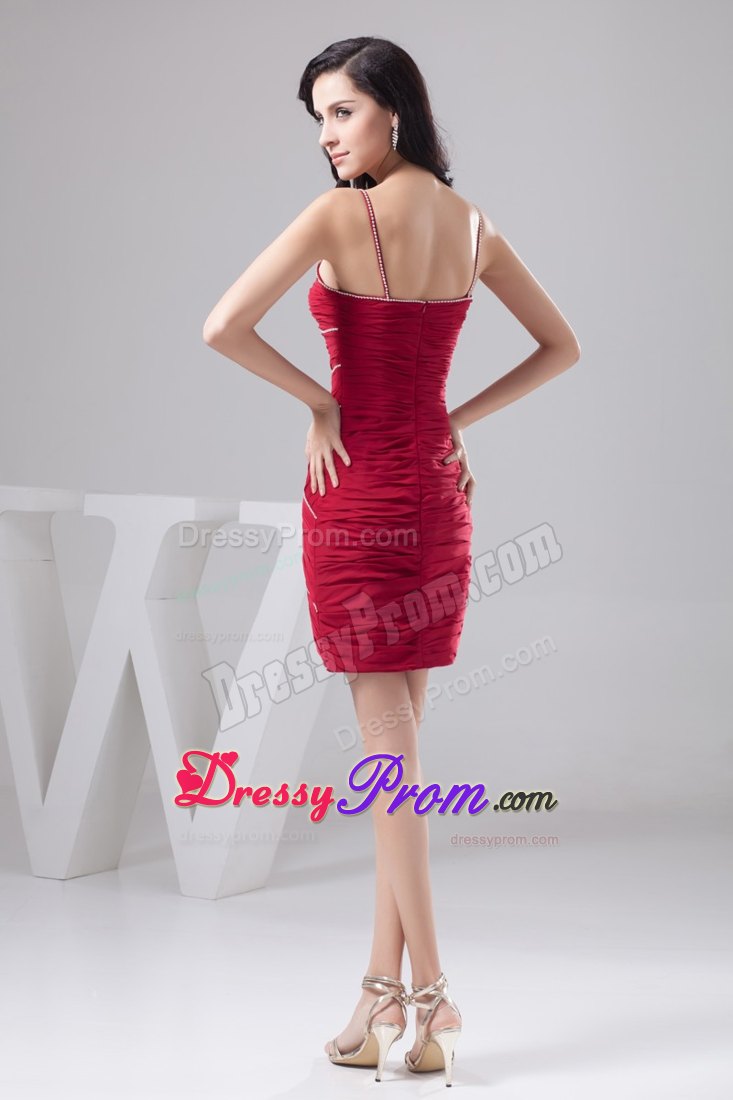 Spaghetti Straps Beaded and Ruched Prom Cocktail Dress in Wine Red