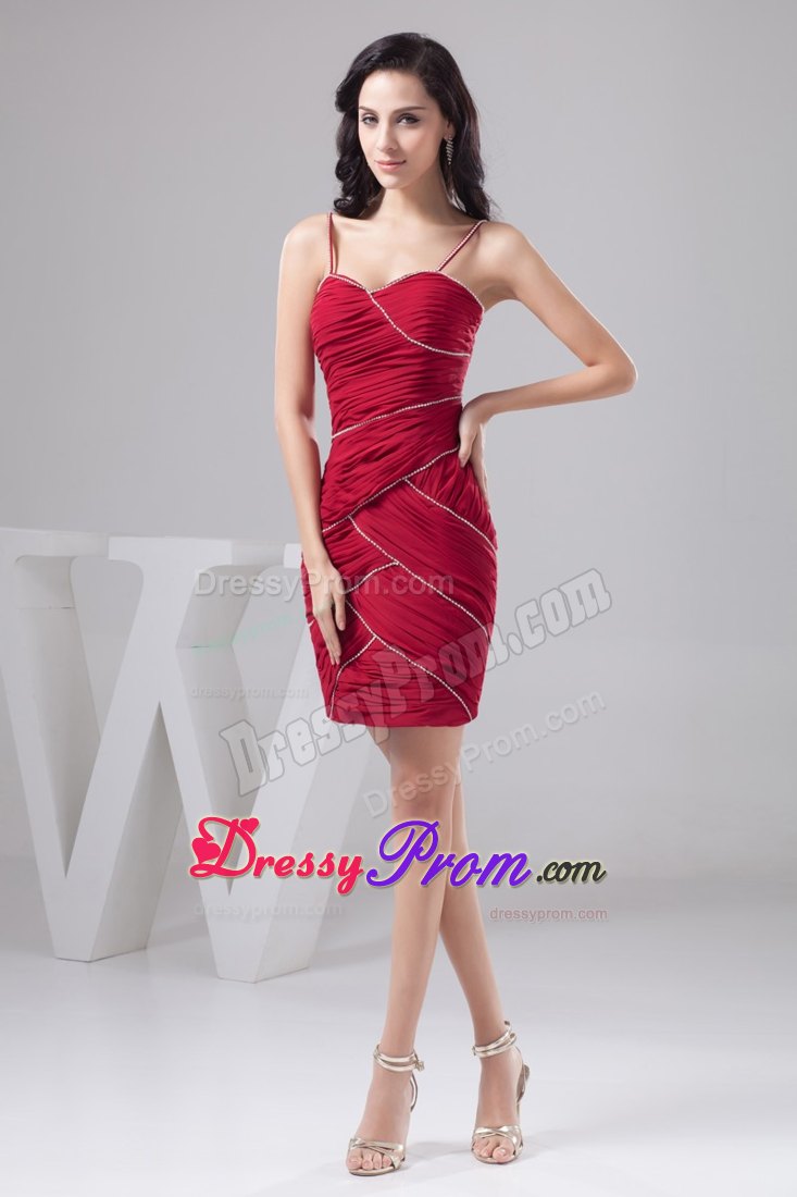 Spaghetti Straps Beaded and Ruched Prom Cocktail Dress in Wine Red