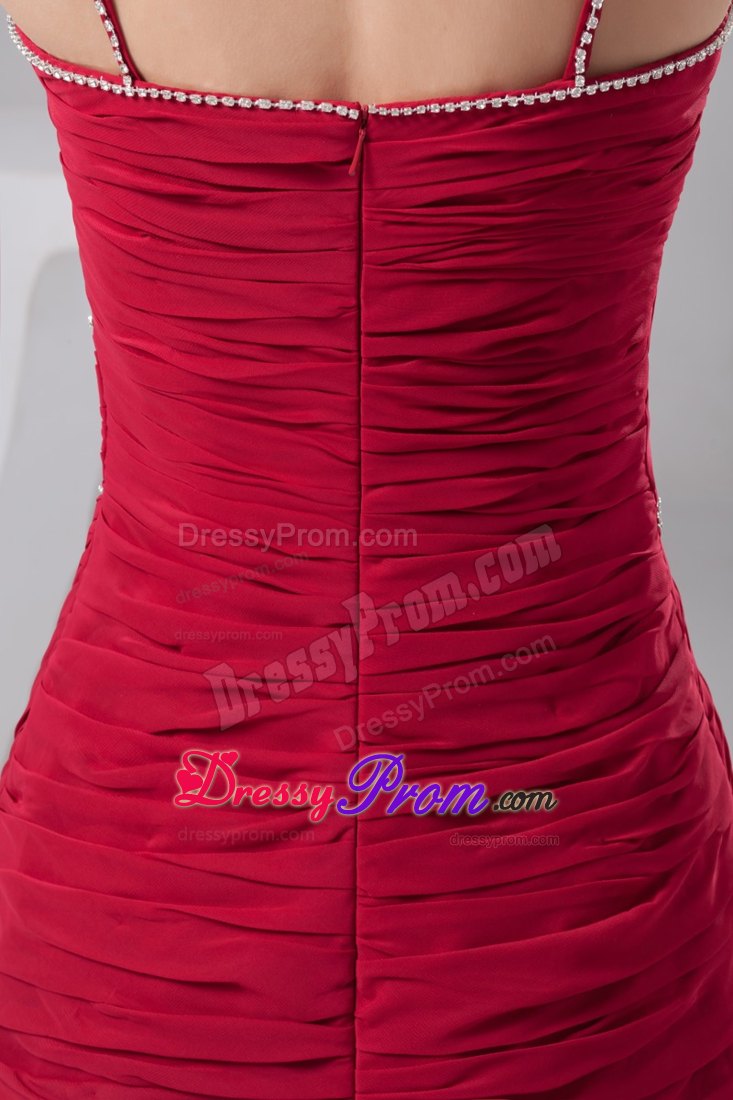 Spaghetti Straps Beaded and Ruched Prom Cocktail Dress in Wine Red