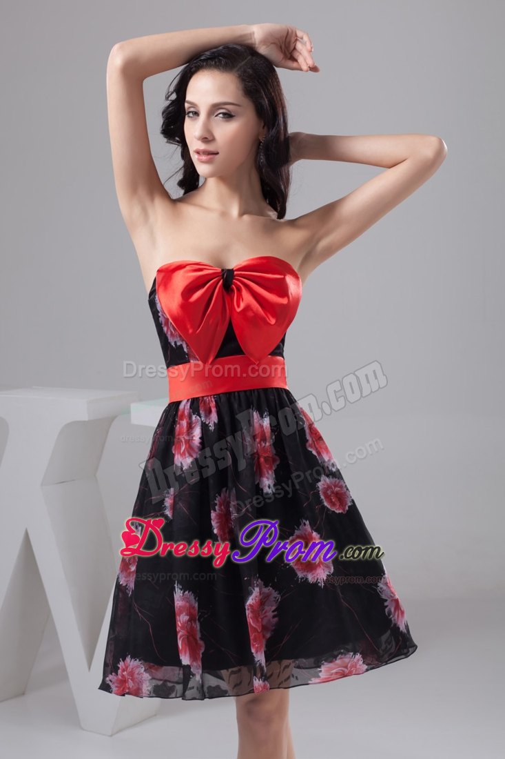 Chiffon Printed Fabric Prom Dress with Bowknot and Sash