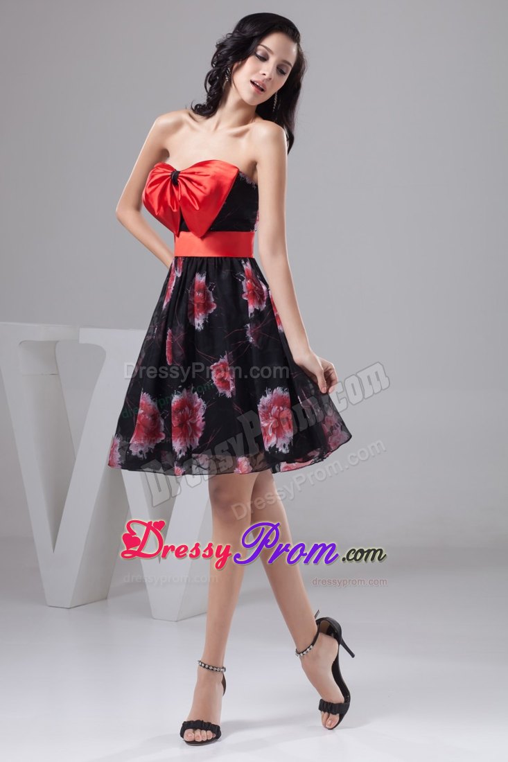 Chiffon Printed Fabric Prom Dress with Bowknot and Sash