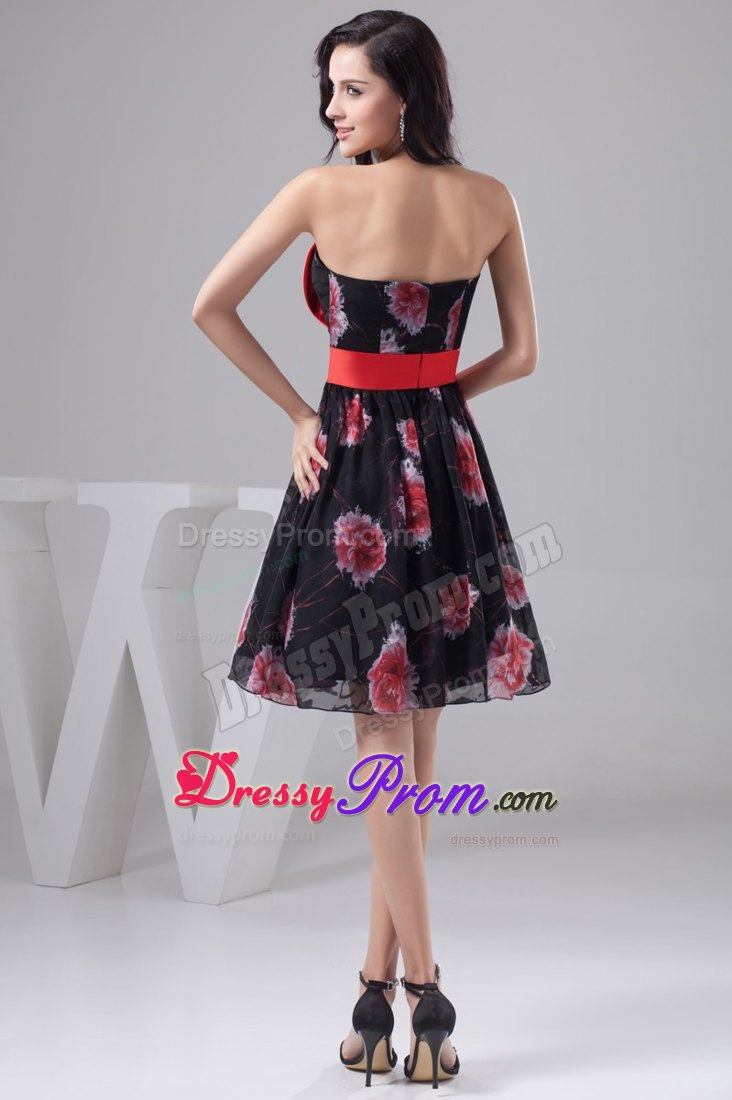 Chiffon Printed Fabric Prom Dress with Bowknot and Sash