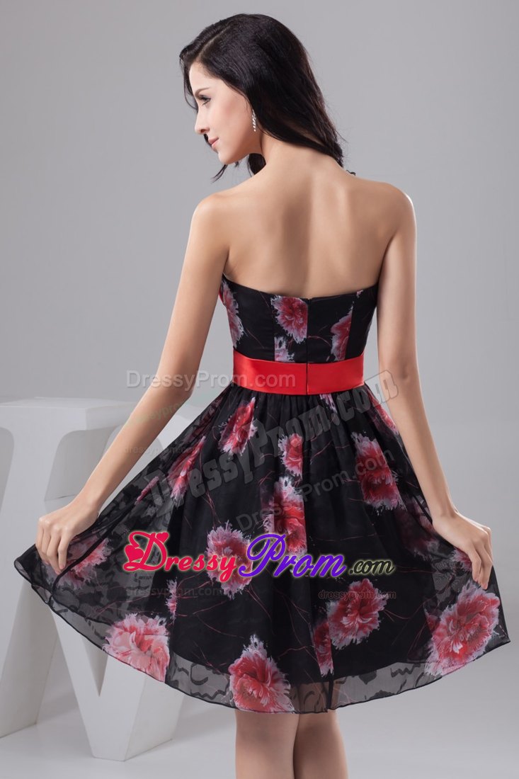 Chiffon Printed Fabric Prom Dress with Bowknot and Sash