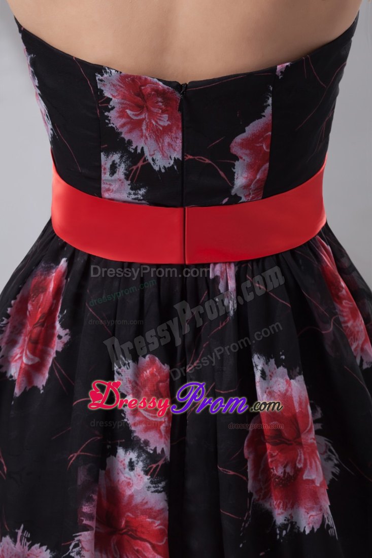 Chiffon Printed Fabric Prom Dress with Bowknot and Sash