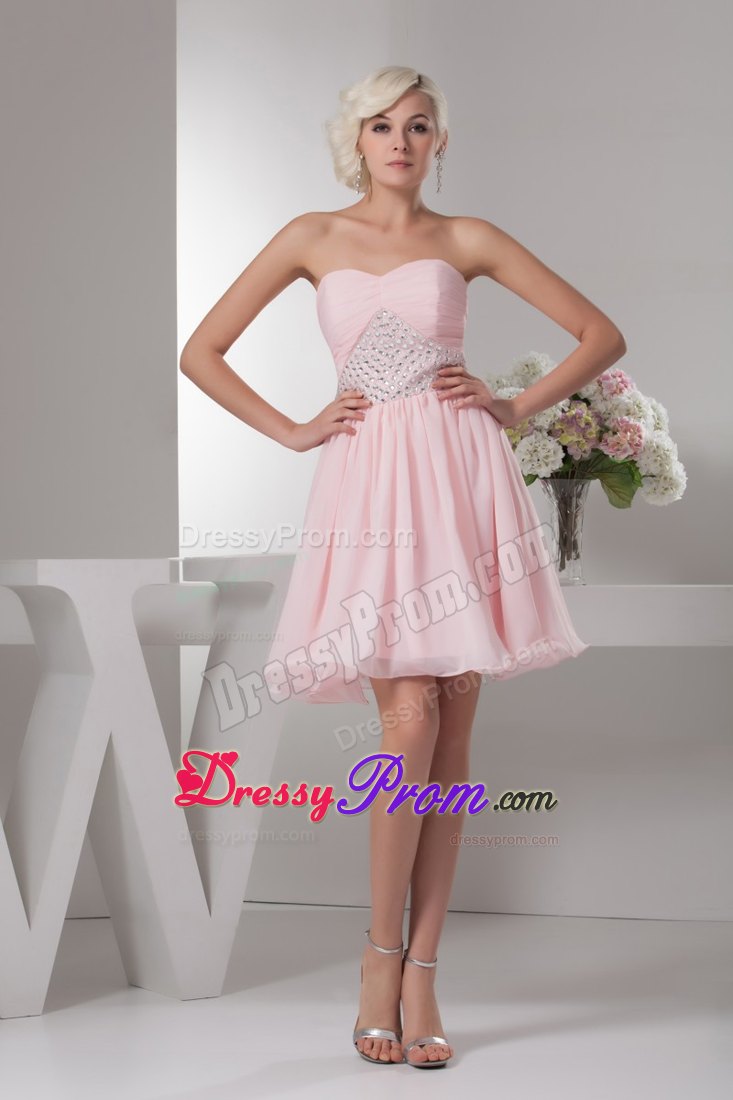 Beading and Ruches Accent Chiffon Prom Cocktail Dress in Baby Pink
