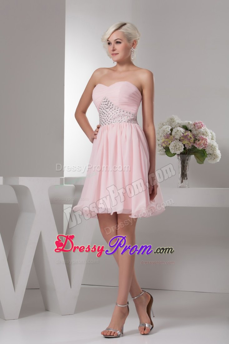 Beading and Ruches Accent Chiffon Prom Cocktail Dress in Baby Pink