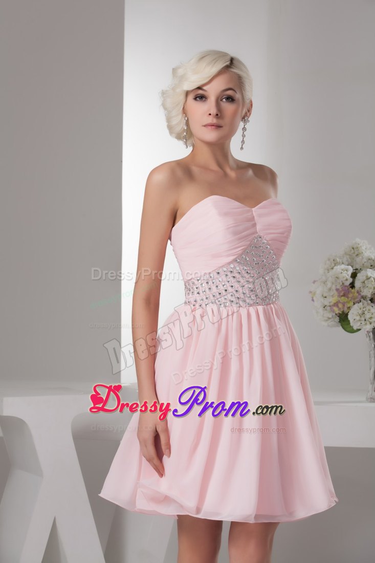 Beading and Ruches Accent Chiffon Prom Cocktail Dress in Baby Pink