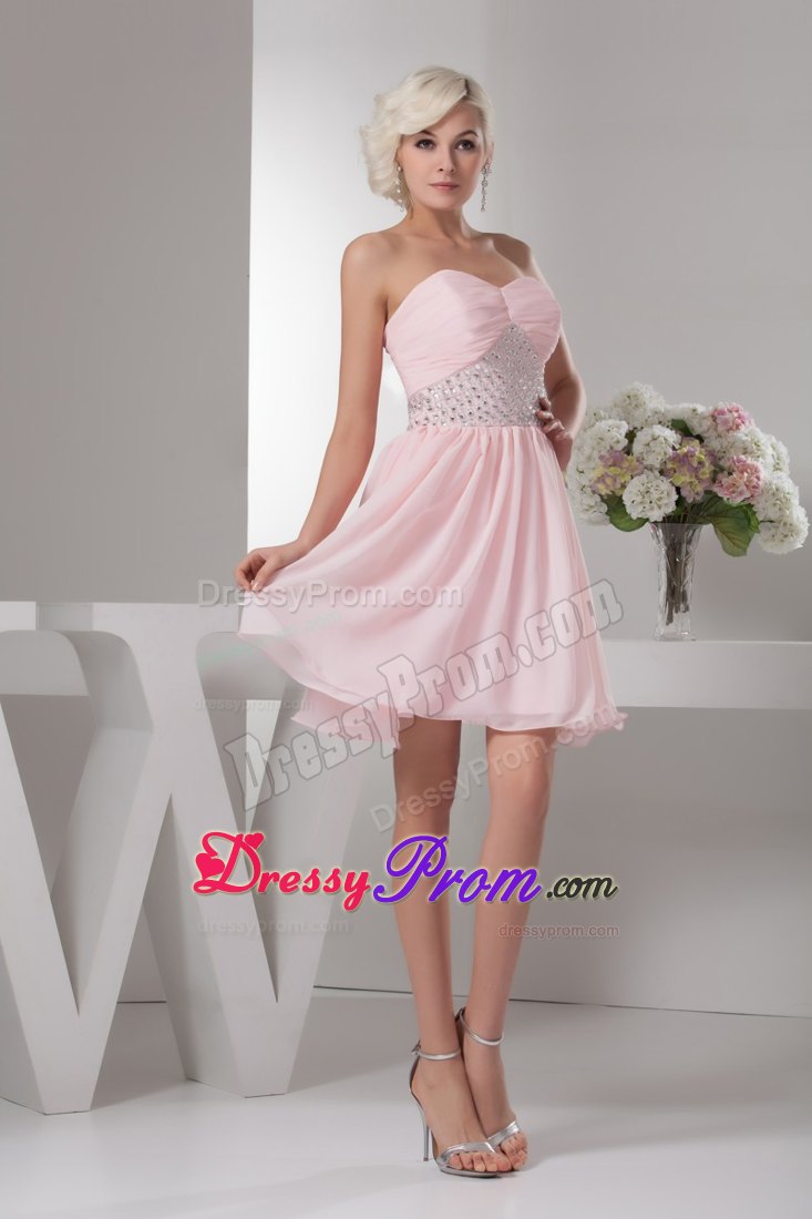 Beading and Ruches Accent Chiffon Prom Cocktail Dress in Baby Pink