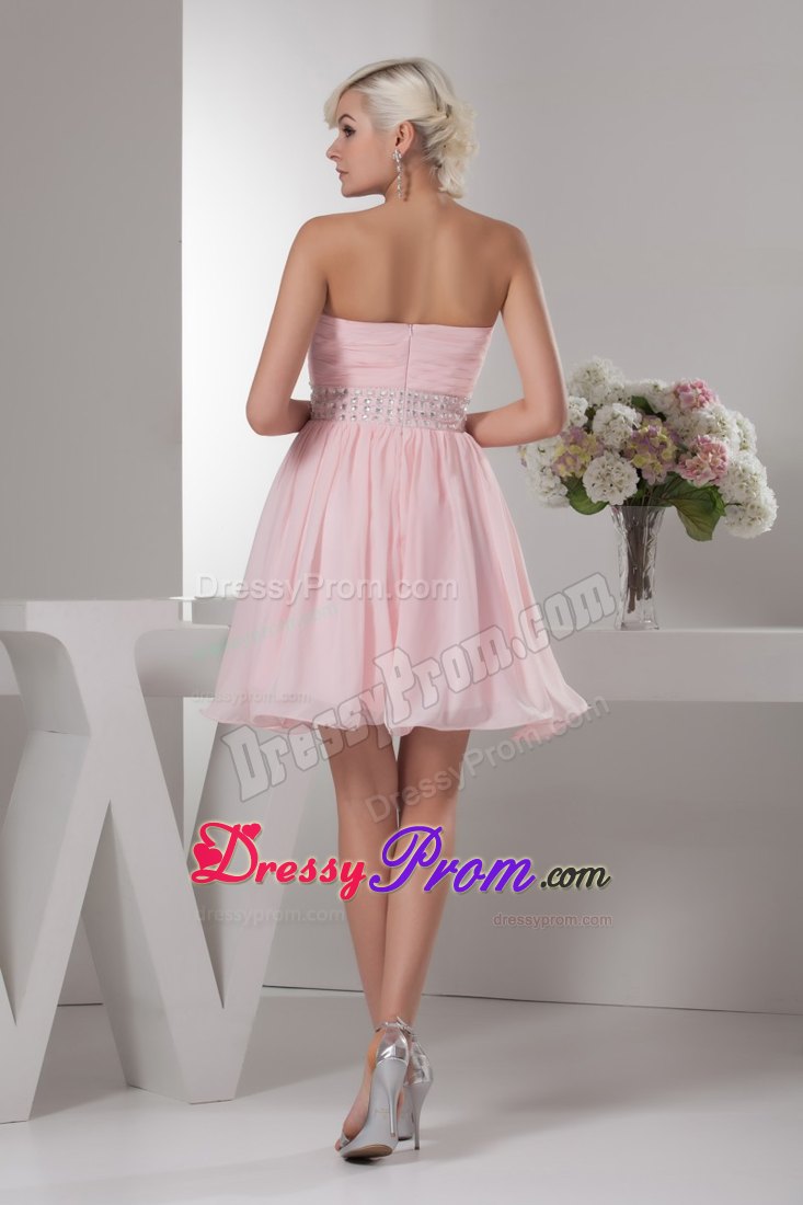 Beading and Ruches Accent Chiffon Prom Cocktail Dress in Baby Pink