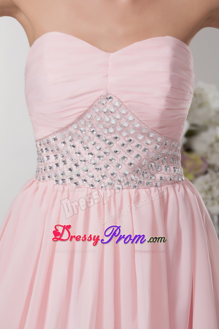 Beading and Ruches Accent Chiffon Prom Cocktail Dress in Baby Pink