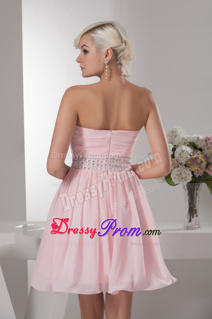 Beading and Ruches Accent Chiffon Prom Cocktail Dress in Baby Pink