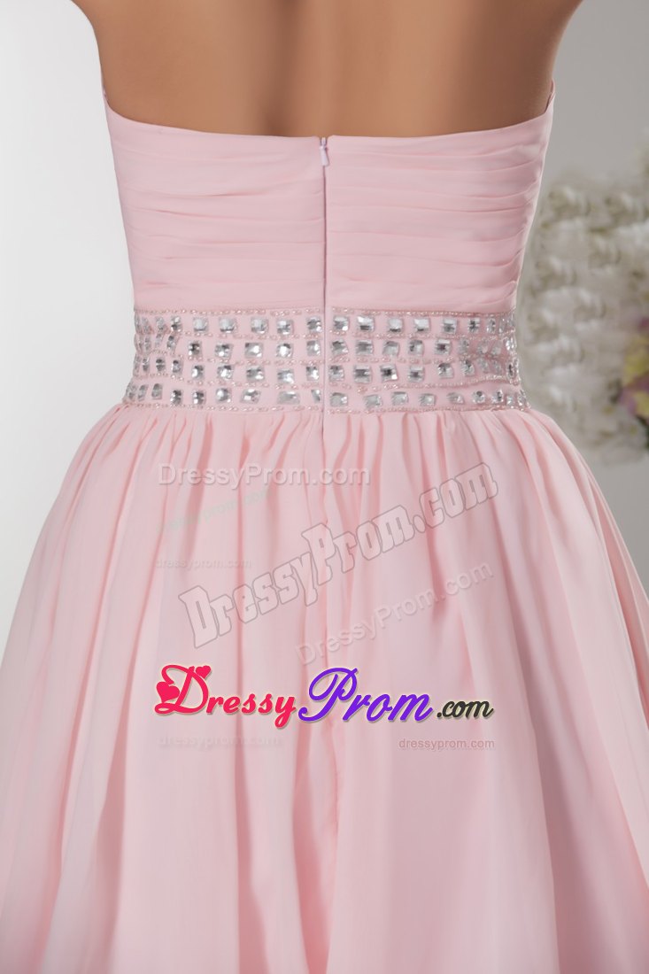 Beading and Ruches Accent Chiffon Prom Cocktail Dress in Baby Pink