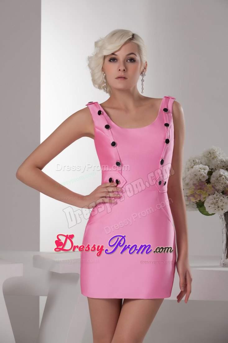 Buttons Accent Square Mini Prom Cocktail Dresses in Rose Pink