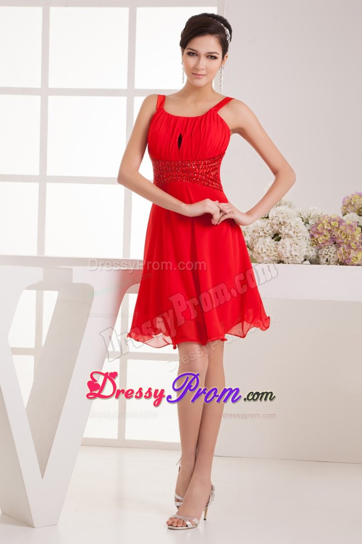 Ruched and Beaded Red Chiffon Prom Cocktail Dress with Straps