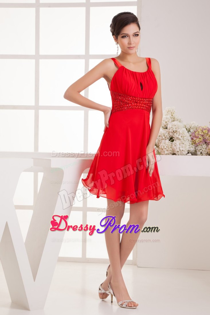 Ruched and Beaded Red Chiffon Prom Cocktail Dress with Straps