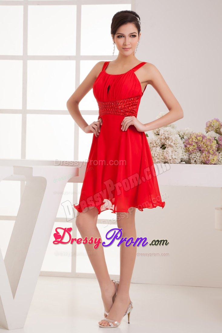 Ruched and Beaded Red Chiffon Prom Cocktail Dress with Straps
