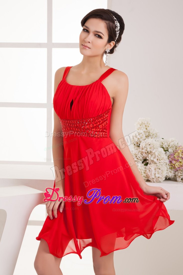 Ruched and Beaded Red Chiffon Prom Cocktail Dress with Straps