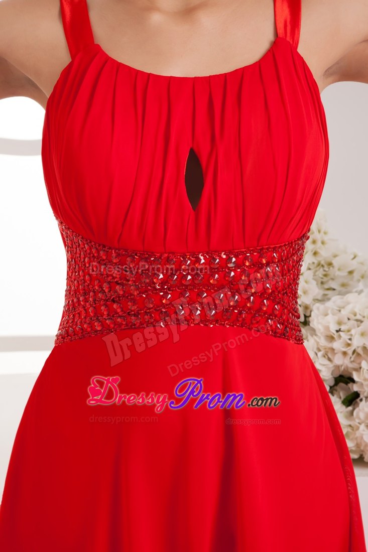 Ruched and Beaded Red Chiffon Prom Cocktail Dress with Straps