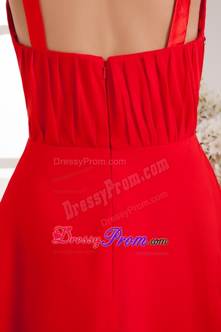 Ruched and Beaded Red Chiffon Prom Cocktail Dress with Straps