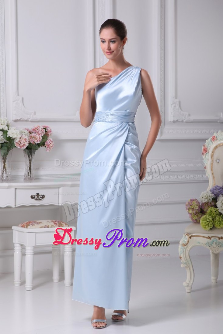 Light Blue Prom Dresses with Single Strap and Ruched Sash