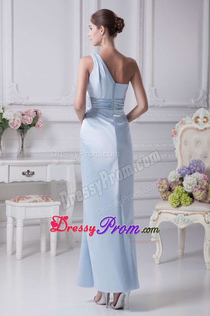 Light Blue Prom Dresses with Single Strap and Ruched Sash