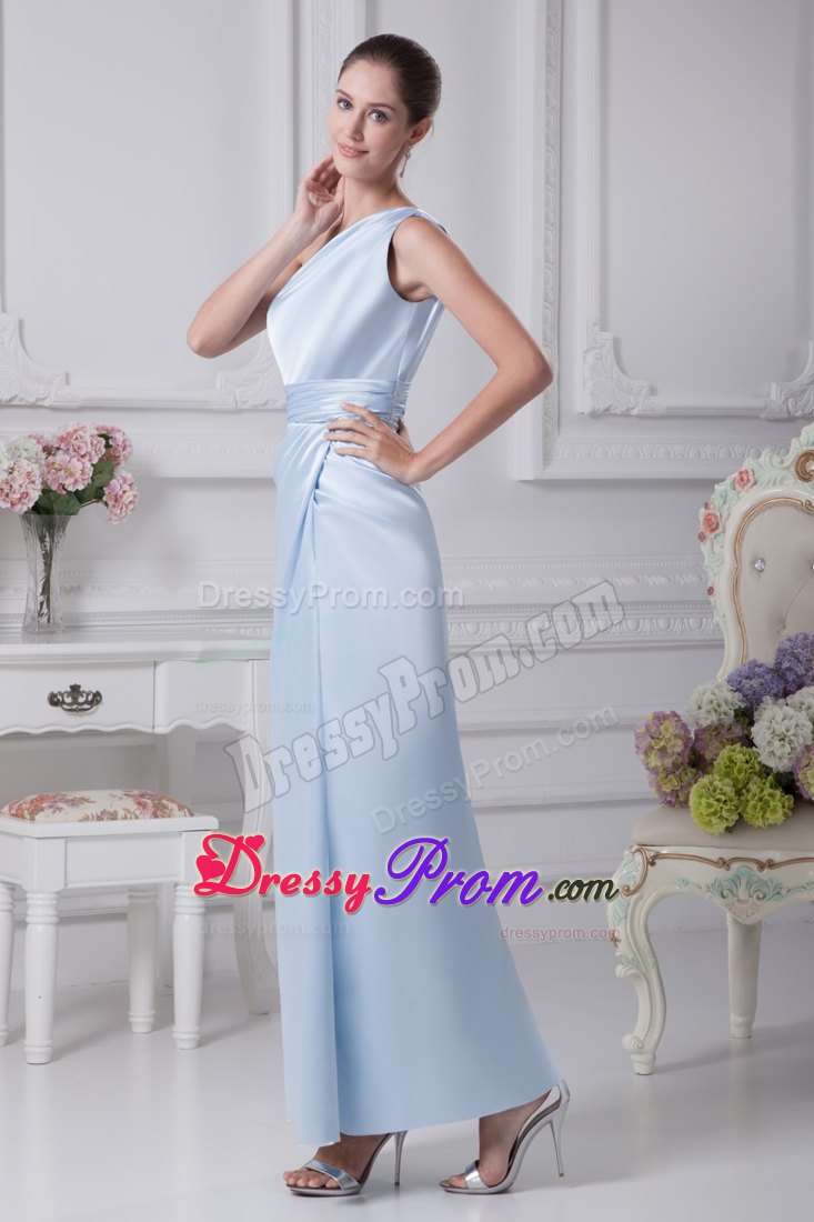 Light Blue Prom Dresses with Single Strap and Ruched Sash