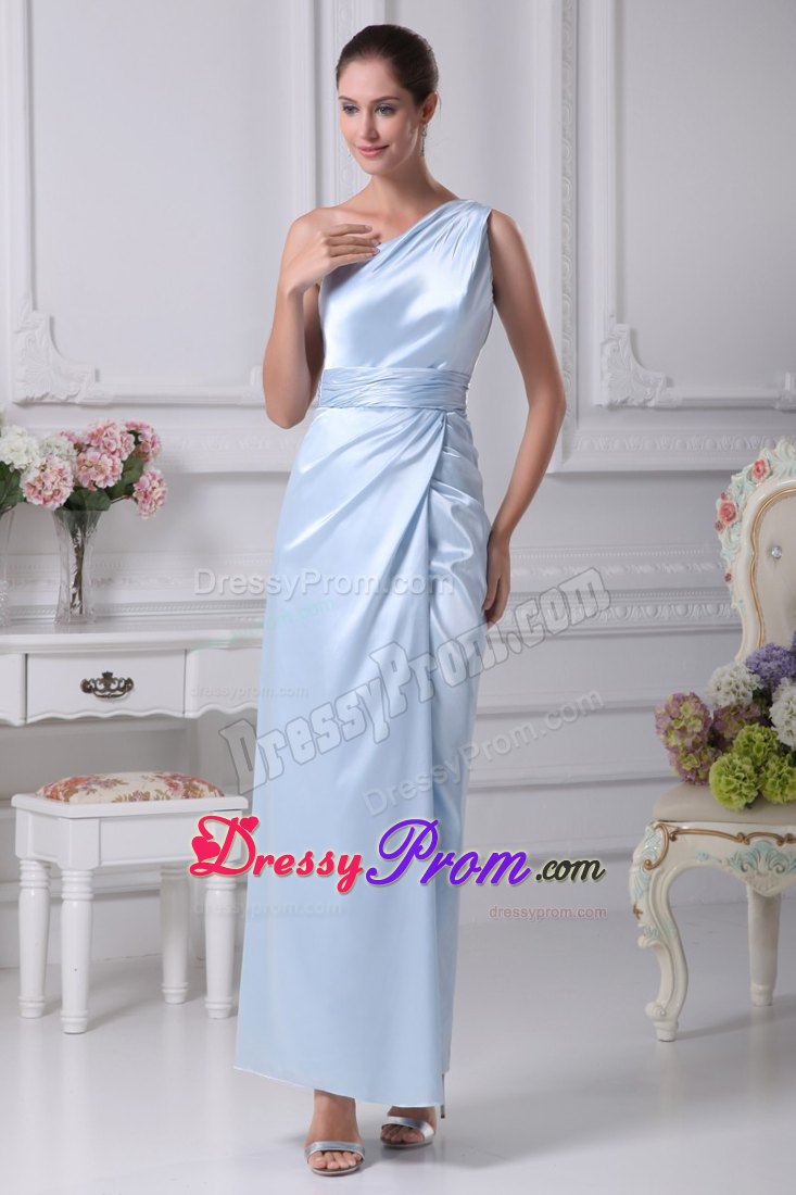 Light Blue Prom Dresses with Single Strap and Ruched Sash