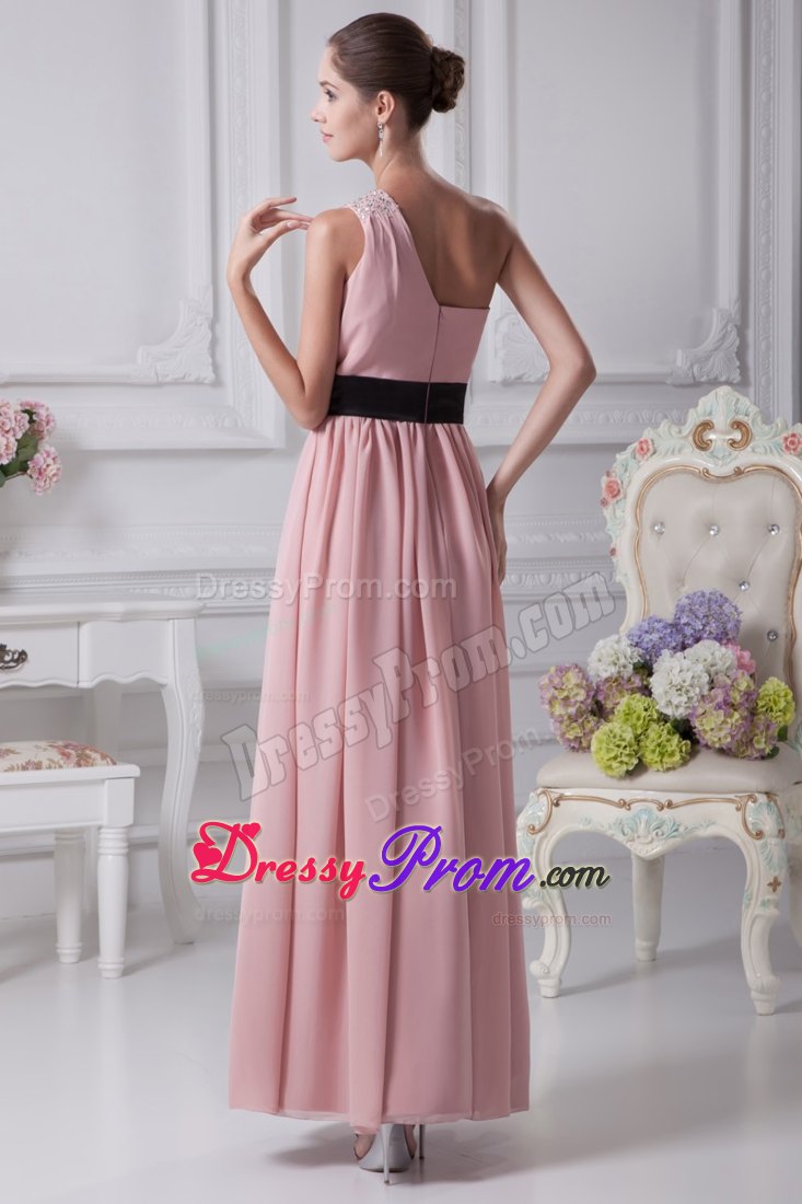 Beaded One Shoulder Ankle Length Black Sash Prom Cocktail Dress