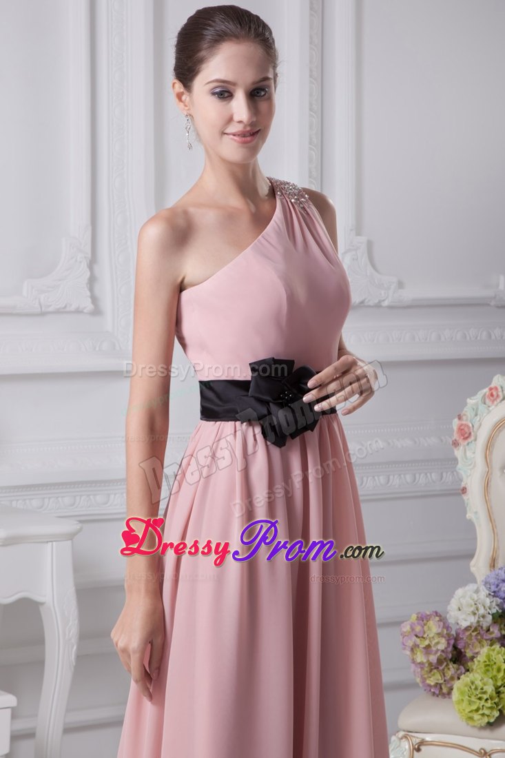 Beaded One Shoulder Ankle Length Black Sash Prom Cocktail Dress